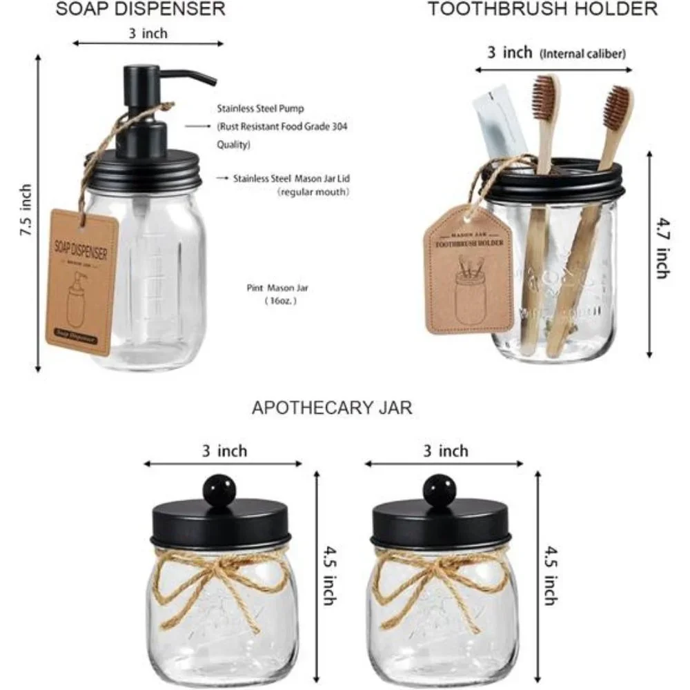 Premium Mason Jar Bathroom Accessories Set (6PCS) - Bathroom Storage